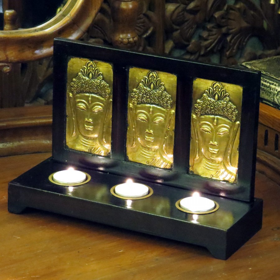 Подсвечник на три свечи с латунной чеканкой, 27х18 см