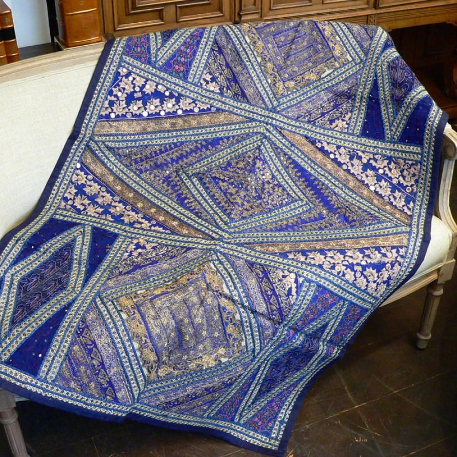 Коврик с вышивкой из Индии, синий, 100x150 см
